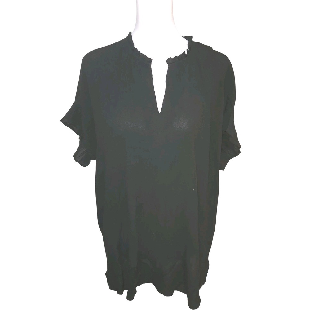 J. Jill‎ Women's Short Sleeve Black Ruffle V-Neck Flowy Crepe Blouse Top - Sz L